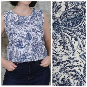 Blue Toile Print Tank Top Shell Blouse Retro Resort Mama Mia Coastal Fish Cotton